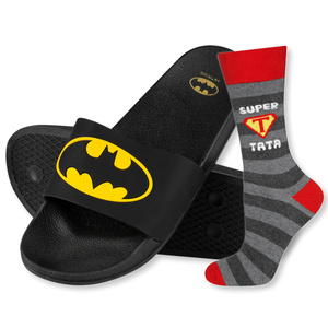 Dad Gift: 1x colorful SOXO men's socks with inscription "Super Tata" and 1x Batman men's slippers | Father's Day gift