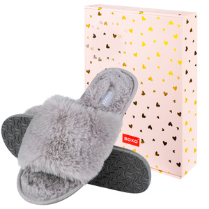 SOXO women's furry grey slippers with TPR hard sole in gift box