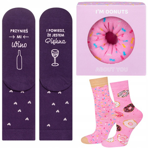 Set of 2x Colorful SOXO women's socks, donut and wine