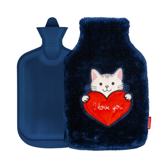  Hot water bottle SOXO kitten with heart, navy blue, 1.8 L