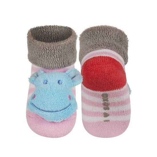Colorful baby socks SOXO with hippo rattle