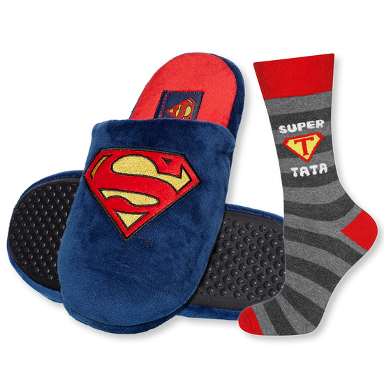 Dad Gift: 1x colorful SOXO men's socks with inscription "Super Tata" and 1x Superman men's slippers | Father's Day gift