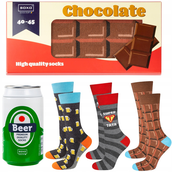 Gift for Dad: 1x Men's Socks Colorful SOXO Chocolate and 1x Men's Socks With The Inscription "Super Tata" and 1x Socks Men's Beer