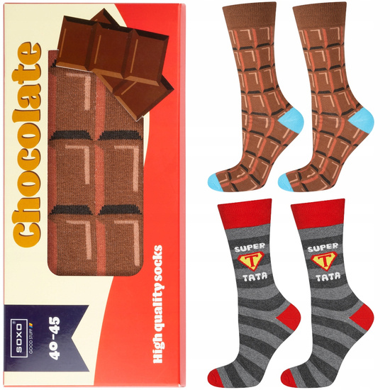 Gift for Dad: 1x Men's Socks Colorful SOXO Chocolate and 1x Men's Socks with the inscription "Super Tata"