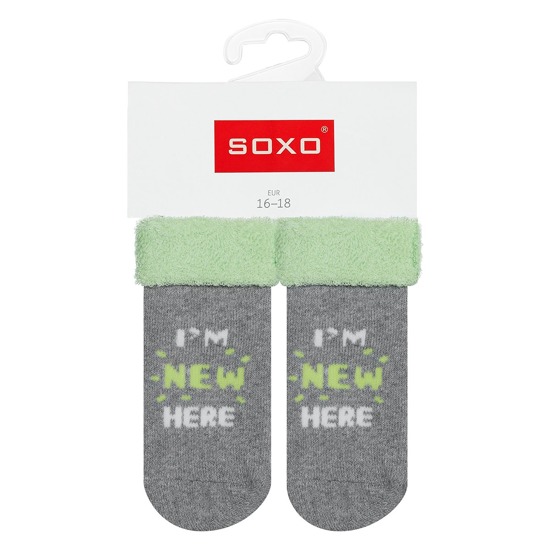 Gray SOXO baby socks with inscriptions "I'm new here"
