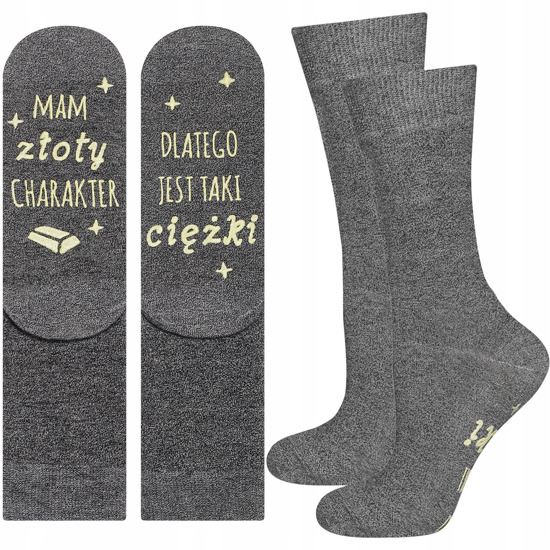 Gray long women's SOXO socks with funny Polish inscriptions