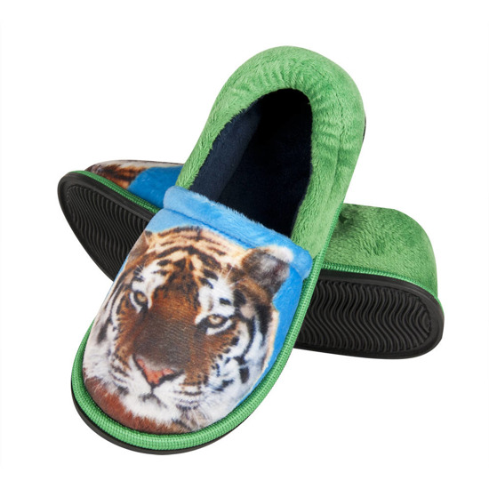 Green SOXO children's slippers with a picture of a pet