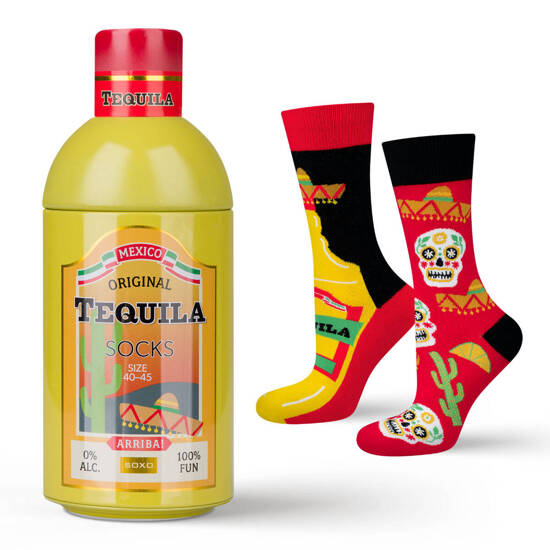 Men's colorful SOXO GOOD STUFF Tequila socks in a bottle gift