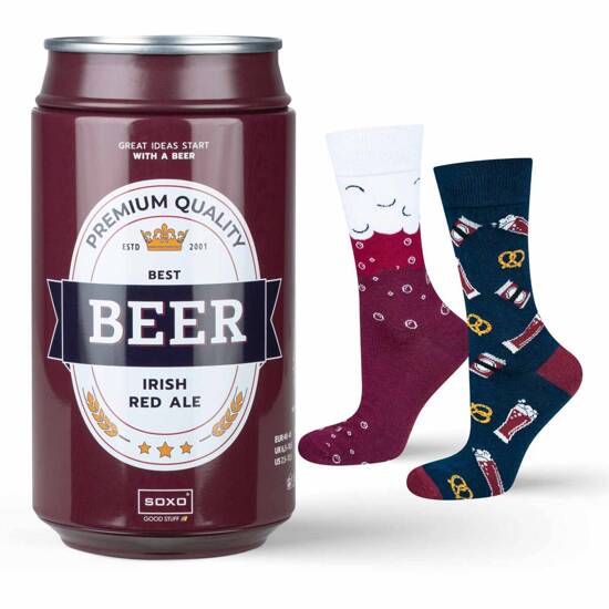 Men's colorful SOXO GOOD STUFF socks, funny Irish Red Ale Beer in a tin for a gift with inscriptions