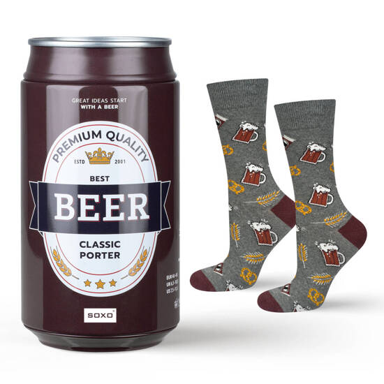 Men's colorful SOXO GOOD STUFF socks funny dark beer roasted in a can with polish inscriptions
