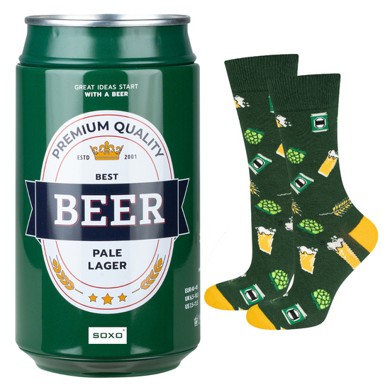 Men's colorful SOXO GOOD STUFF socks funny pale lager beer roasted in a can with polish inscriptions