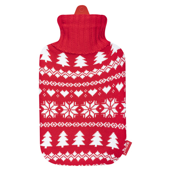 Red hot water bottle SOXO heater in a Christmas sweater
