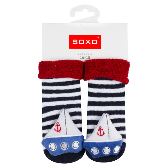 SOXO navy blue baby socks with a boat 3D rattle