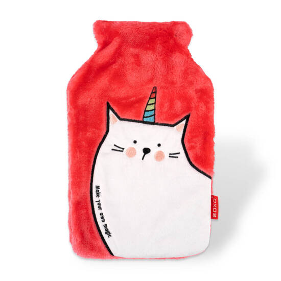 SOXO pink hot water bottle heater with a unicorn cat