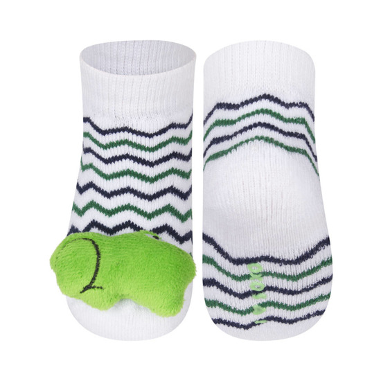 SOXO white baby socks with a 3D rattle and a frog
