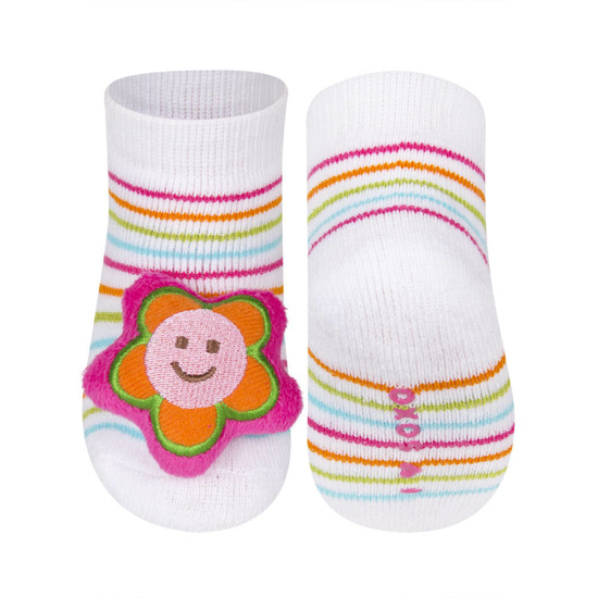 SOXO white baby socks with a rattle 3D flower