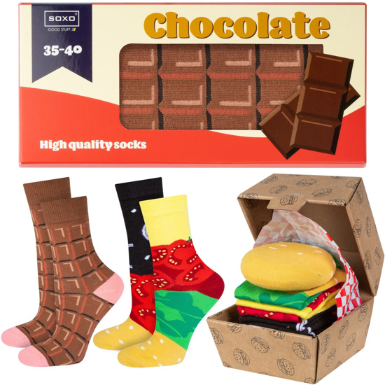 Set of 2x Colorful SOXO women's socks Hamburger in a box and chocolate