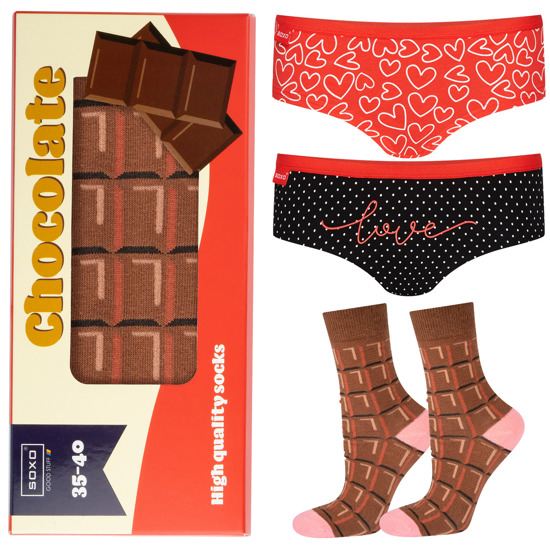 Set of 2x SOXO women's cotton panties and 1x chocolate women's socks Valentine's Day
