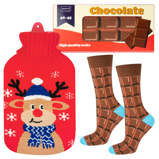 Set of men's socks SOXO chocolate bar and Christmas hot water bottle reindeer | Christmas gift
