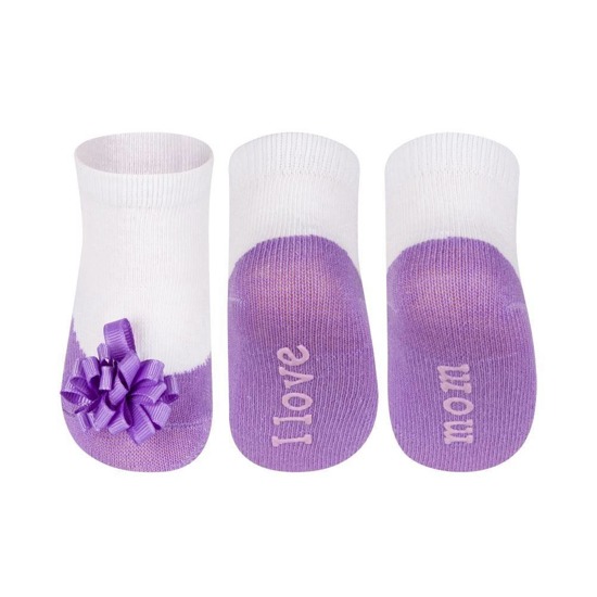 Violet SOXO baby socks ballerinas with an inscription and a bow