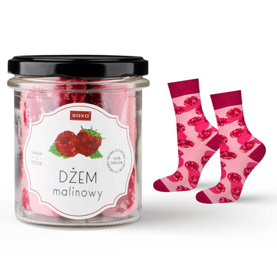 Women's pink SOXO GOOD STUFF socks with raspberry jam in a jar