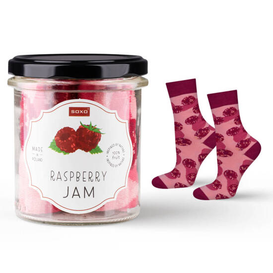 Women's pink SOXO GOOD STUFF socks with raspberry jam in a jar