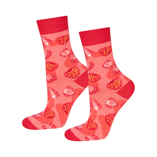 Women's pink SOXO GOOD STUFF socks with strawberry jam in a jar