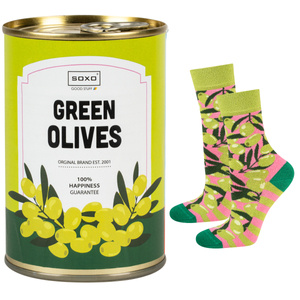 Funny socks olives in a tin SOXO GOOD STUFF for a gift for women