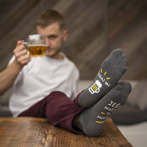 Gray SOXO men's socks with funny polish inscriptions