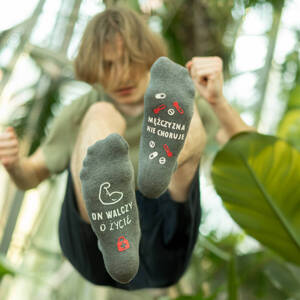 Gray SOXO men's socks with funny polish inscriptions