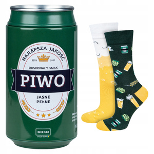Men's colorful SOXO GOOD STUFF socks funny beer with polish inscription in a tin for a gift