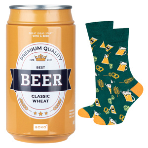 Men's colorful SOXO GOOD STUFF socks funny classic wheat beer roasted in a can with polish inscriptions