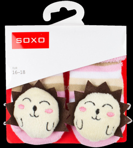 Pink baby SOXO socks with a rattle 3D hedgehog