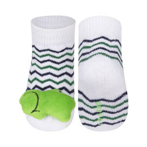 SOXO white baby socks with a 3D rattle and a frog