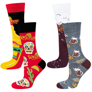 Set of 2x Colorful SOXO GOOD STUFF Socks Tequila in a bottle and beer in a can funny cotton