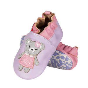 Violet SOXO baby slippers, leather with a teddy bear