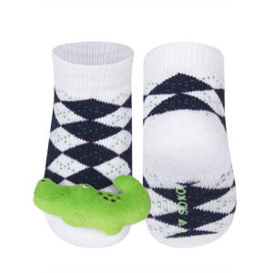 White SOXO baby socks with a 3D crocodile rattle
