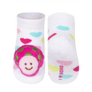 White SOXO baby socks with a 3D mushroom rattle
