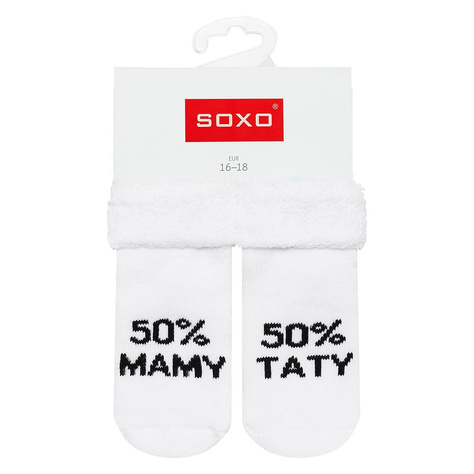 White SOXO baby socks with inscriptions