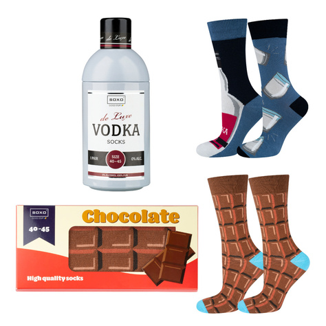 Set of 2x Colorful SOXO Vodka socks in a box and chocolate