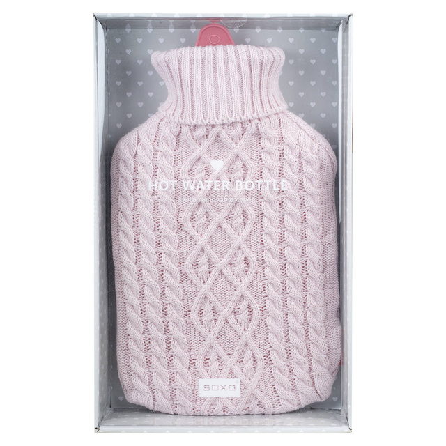 SOXO pink hot water bottle warmer in a sweater