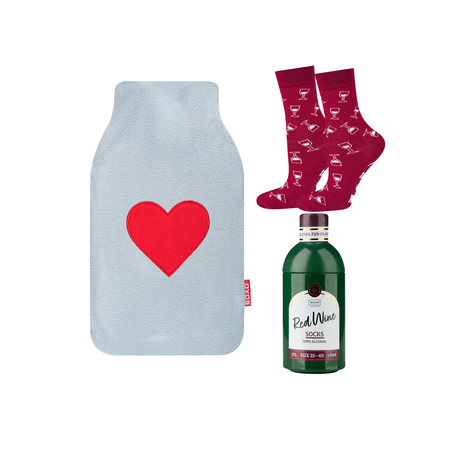 Gray hot water bottle and ladies socks in a wine bottle SOXO Valentine's day