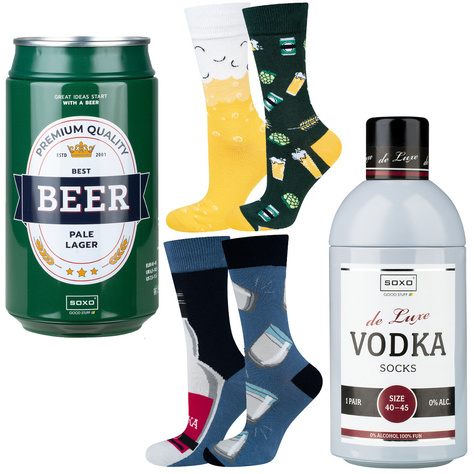 Set of 2x Colorful SOXO GOOD STUFF men's socks Vodka in a bottle and beer in a can funny cotton