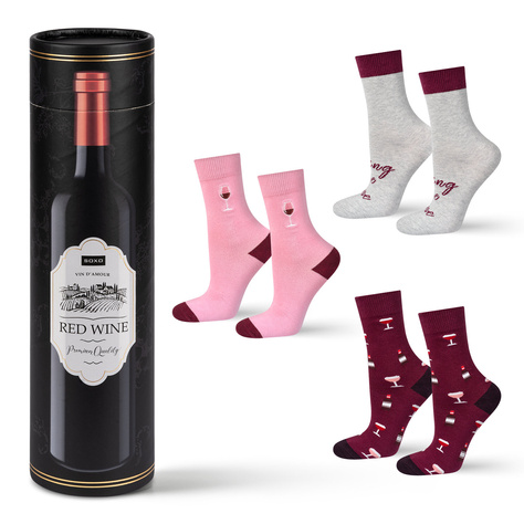 Set of 3x SOXO women's funny Red Wine socks in a gift tube 