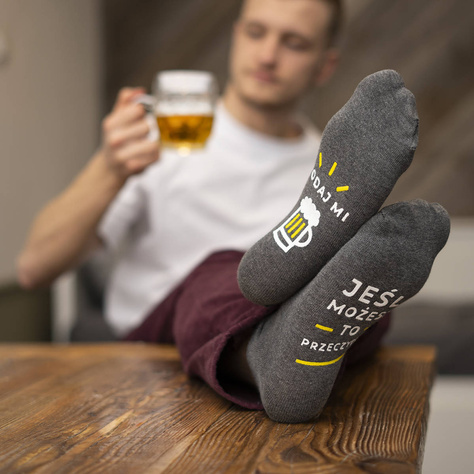 Gray SOXO men's socks with funny polish inscriptions