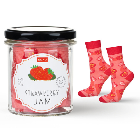 Women's pink SOXO GOOD STUFF socks with strawberry jam in a jar