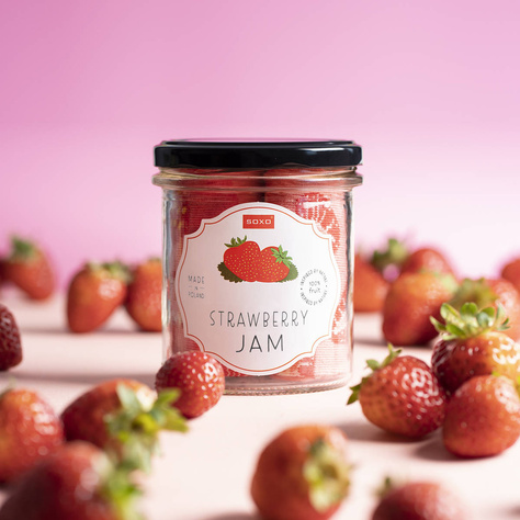 Women's pink SOXO GOOD STUFF socks with strawberry jam in a jar