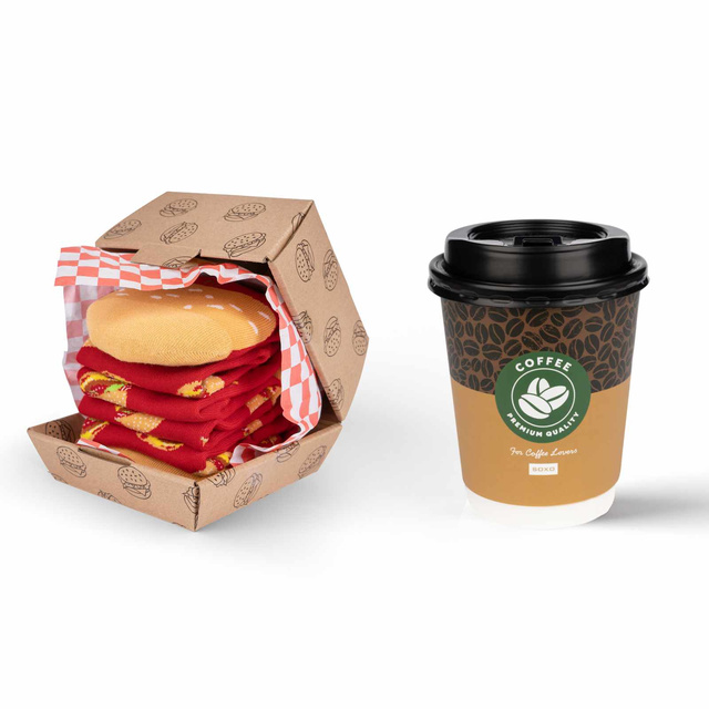 Set of Socks Coffee in a Cup and Hamburger in a Box