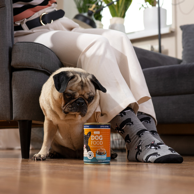 SOXO bulldog men's socks in a can