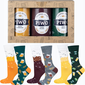 Set of 3x Colorful SOXO GOOD STUFF men's socks funny beer with polish inscriptions in a can for a gift